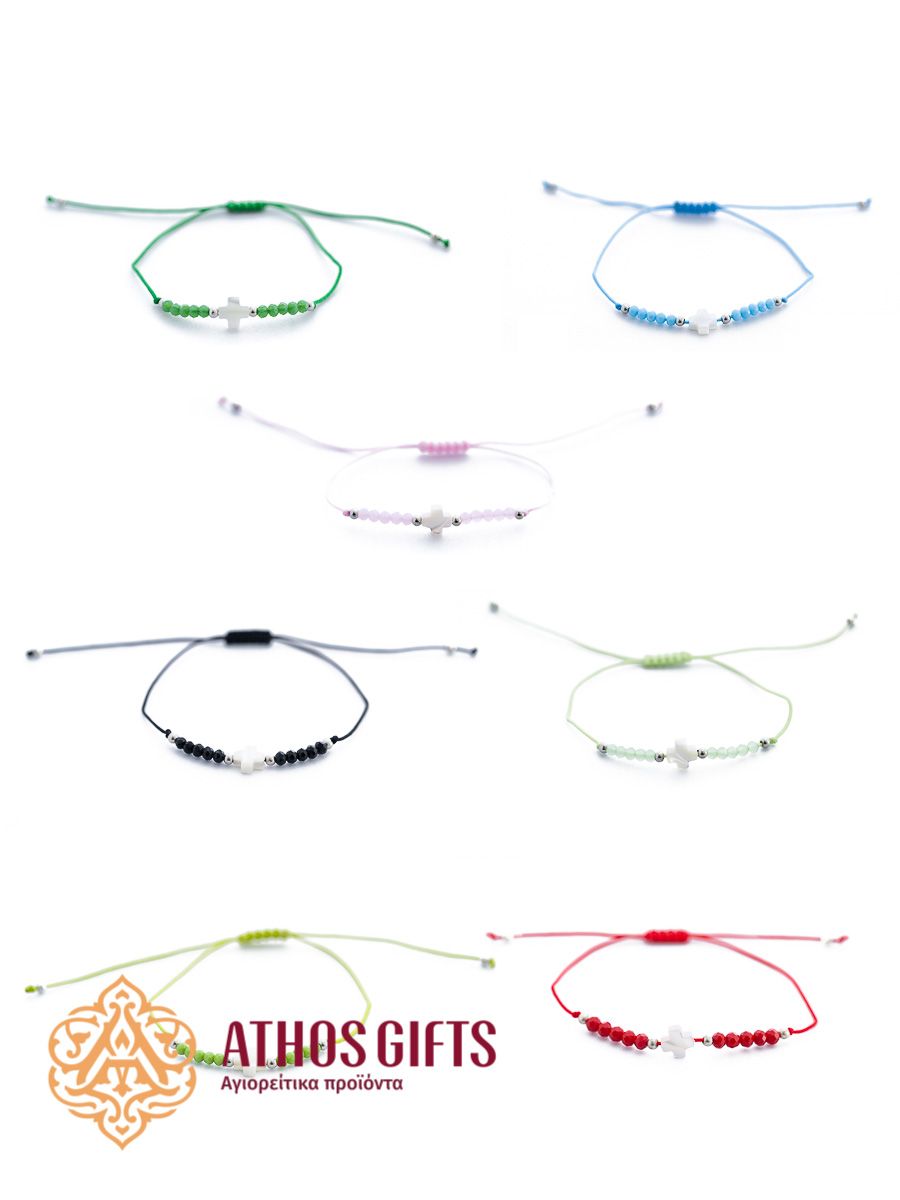 Bracelet made of decorative cord with a cross, adorned with glass beads