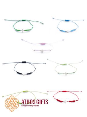 Bracelet made of decorative cord with a cross, adorned with glass beads