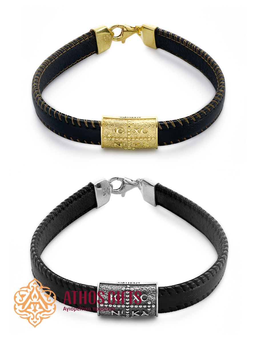 Bracelet made of genuine leather with a clasp, featuring inserts of 925 sterling silver or gold-plated sterling silver.
