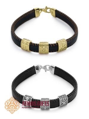 A genuine leather bracelet with a clasp, featuring inserts of silver or gold-plated 925 sterling silver.