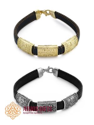 Bracelet made of genuine leather with a clasp, featuring inserts of 925 sterling silver or gold-plated sterling silver.