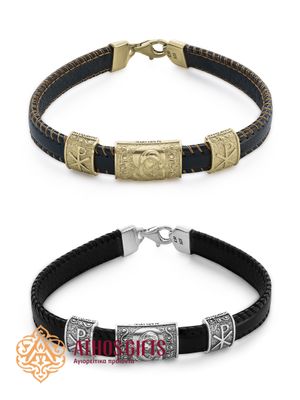 Bracelet made of genuine leather with a clasp, featuring inserts of 925 sterling silver or gold-plated sterling silver.