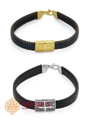 Bracelet made of genuine leather with a clasp, featuring inserts of 925 sterling silver or gold-plated sterling silver.