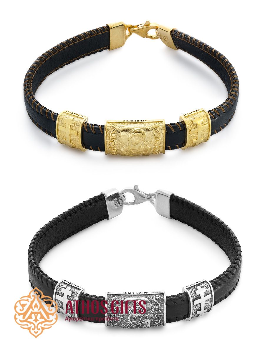 Bracelet made of genuine leather with a clasp, featuring inserts of 925 sterling silver or gold-plated sterling silver.