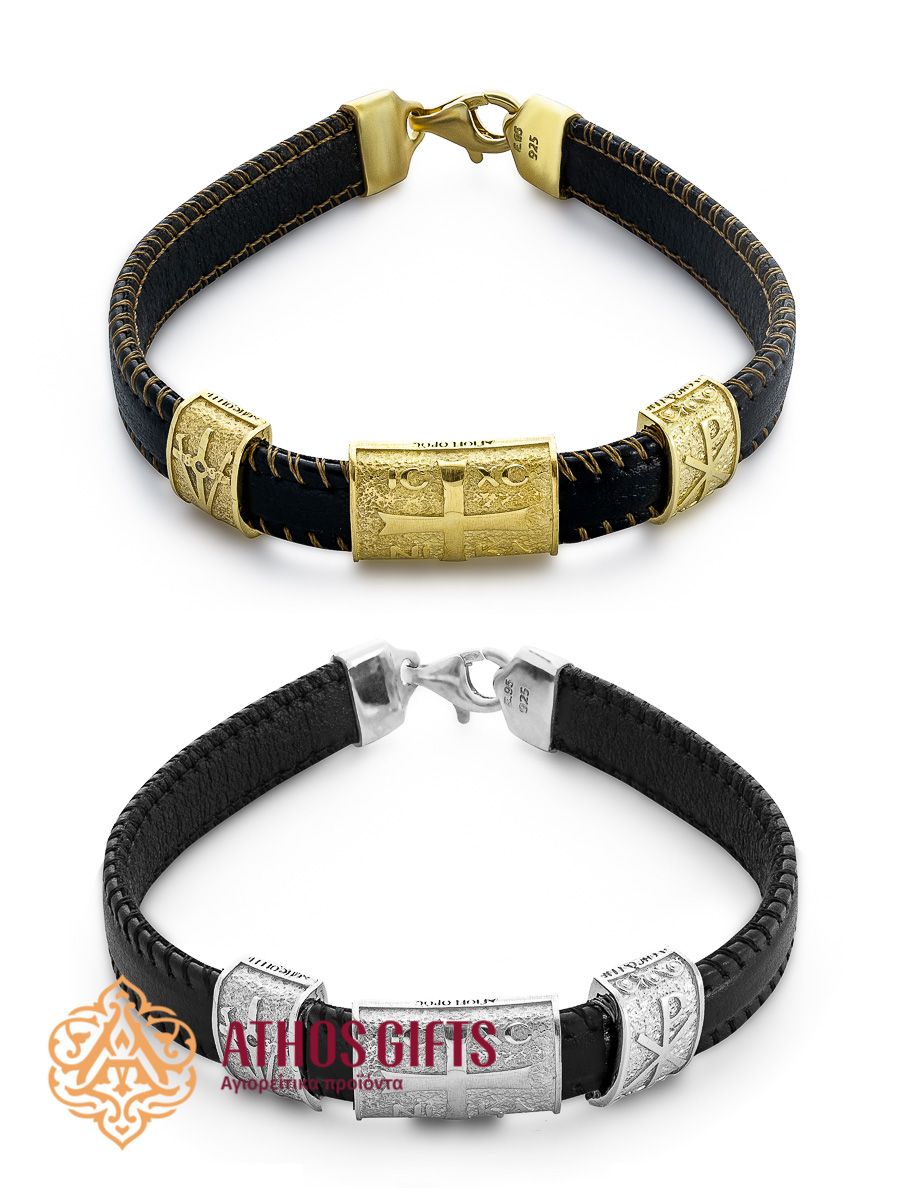 Bracelet made of genuine leather with a clasp, featuring inserts of 925 sterling silver or gold-plated sterling silver.