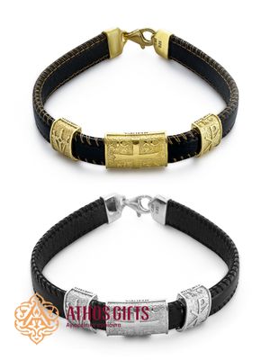 Bracelet made of genuine leather with a clasp, featuring inserts of 925 sterling silver or gold-plated sterling silver.