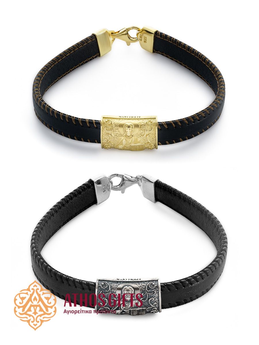 Bracelet made of genuine leather with a clasp, featuring inserts of 925 sterling silver or gold-plated sterling silver.
