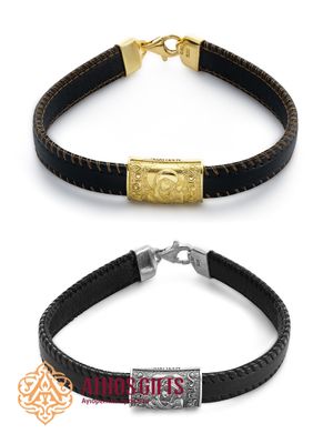 Bracelet made of genuine leather with a clasp, featuring inserts of 925 sterling silver or gold-plated sterling silver.
