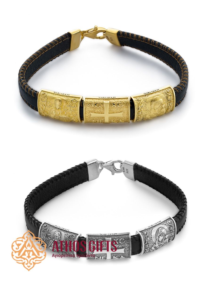 Bracelet made of genuine leather with a clasp, featuring inserts of 925 sterling silver or gold-plated sterling silver.