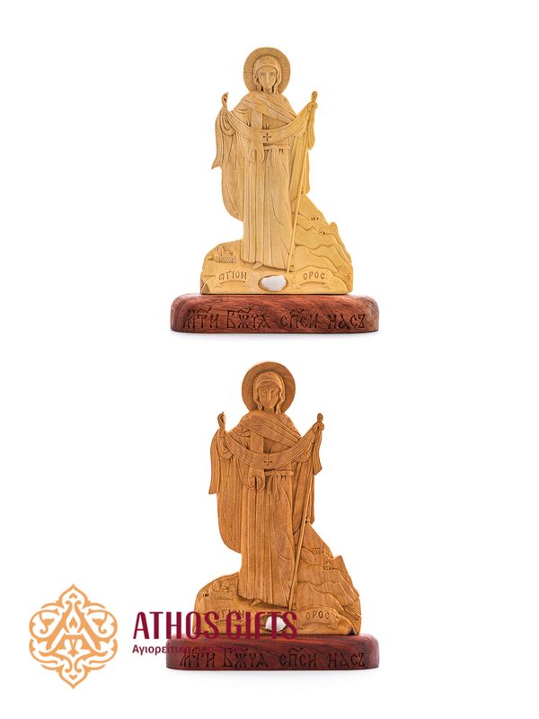 Handcrafted wooden figurine depicting the Virgin Mary on Mount Athos.