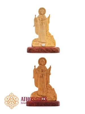 Handcrafted wooden figurine depicting the Virgin Mary on Mount Athos.