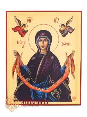 Icon of the Belt of the Most Holy Theotokos, handcrafted on natural wood, with a 22-carat gold leaf finish.