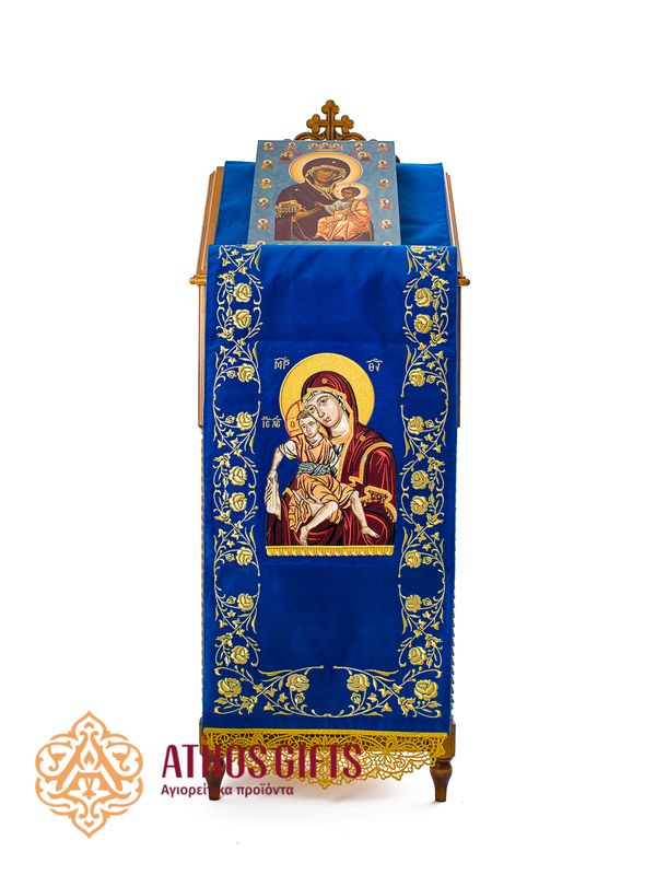 Decorative velvet cover for an analogion in blue color with the image of the Mother of God “Axion Estin”