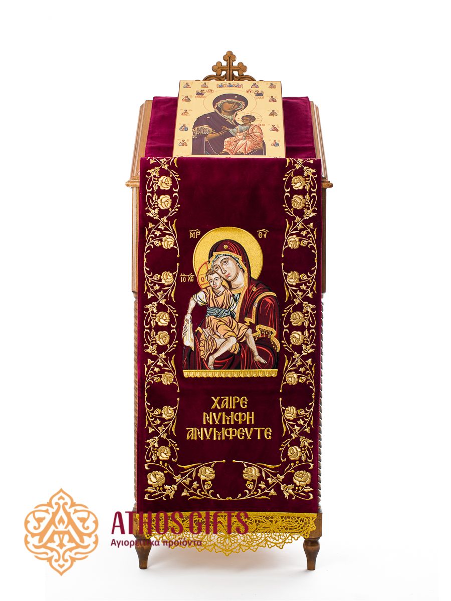 Burgundy velvet cover for an analogion with the image of the Mother of God holding the Infant Jesus in her arms