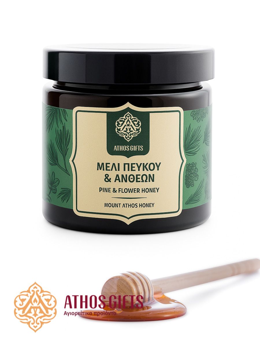 Athos pine and floral honey, produced by monks on Mount Athos.