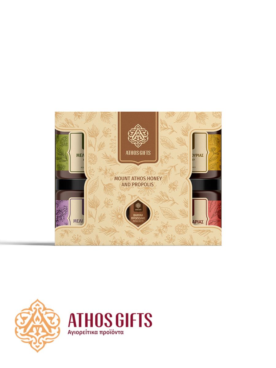 Set of Mount Athos honey consisting of pine-flower, chestnut, heather, and flower honey
