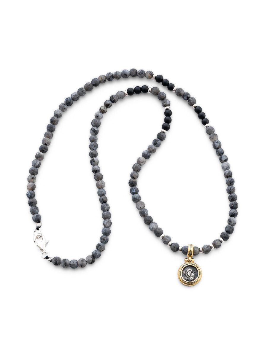 Necklace made of labradorite with a silver icon pendant.