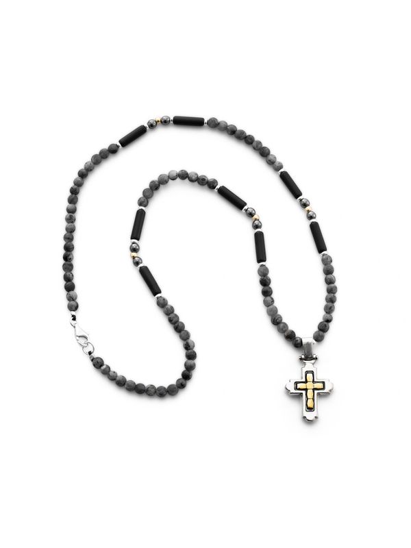 Necklace made of labradorite with a silver cross.