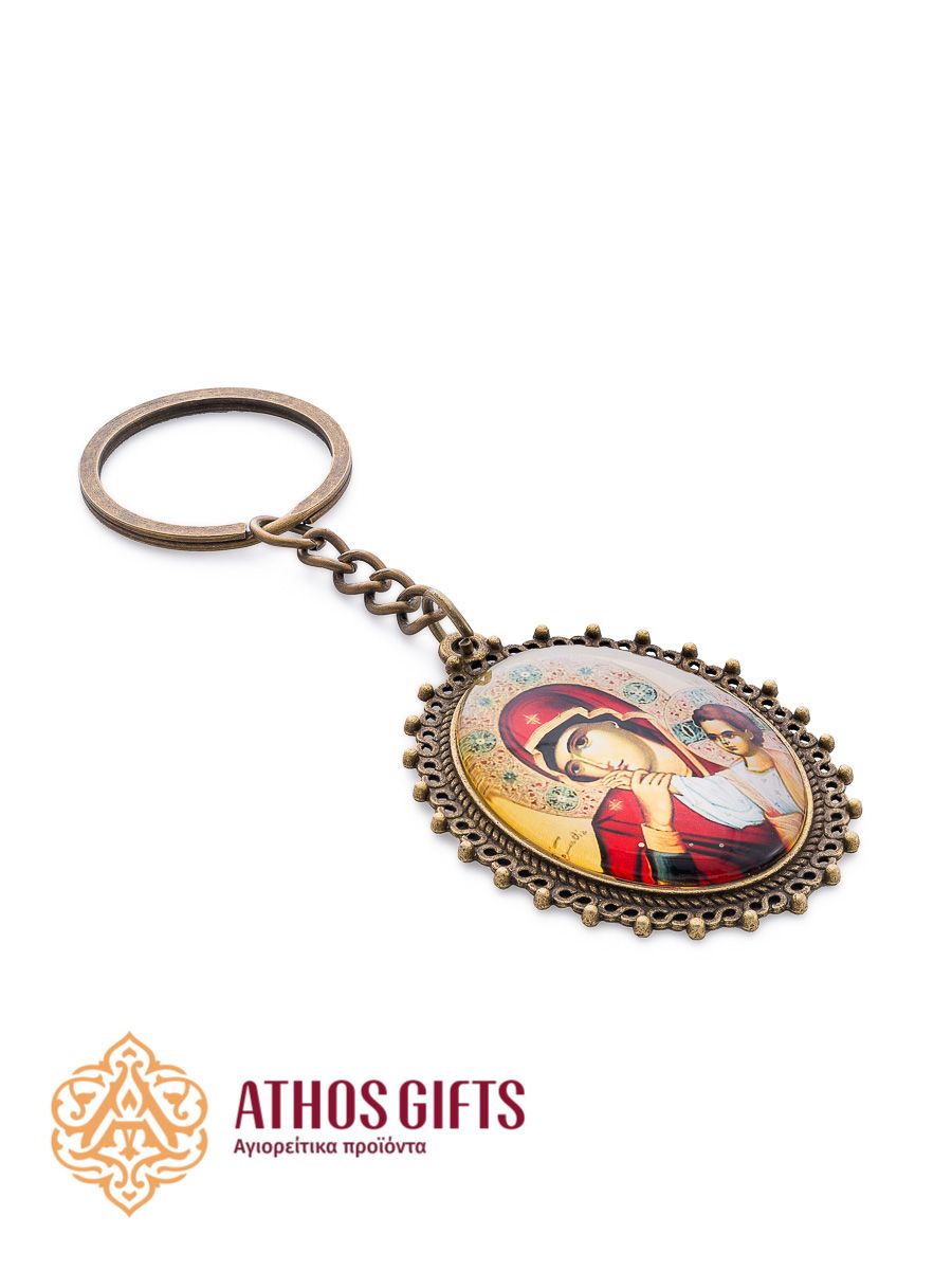 Bronze metal keychain with an image of the Mother of God “Joy and Consolation”.