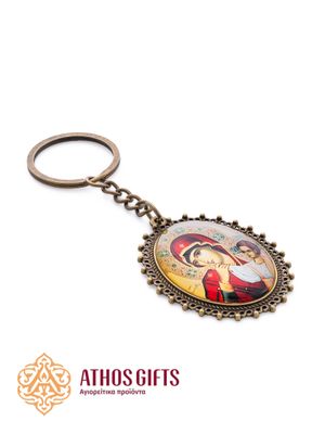 Bronze metal keychain with an image of the Mother of God “Joy and Consolation”.