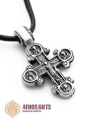 Metal cross with images of the Crucifixion and the Mother of God with Jesus.