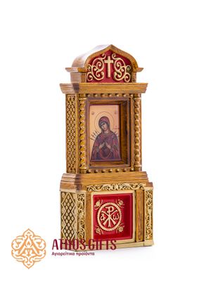 A ceramic tabletop and wall iconostasis with an icon of the Mother of God pierced by seven swords.