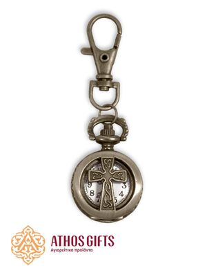 Pocket watch keychain with a carabiner. The hinged cover features a cross with carved ornament.