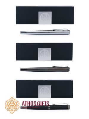 A metal ballpoint pen in a stylish case, featuring a custom design on the cap.