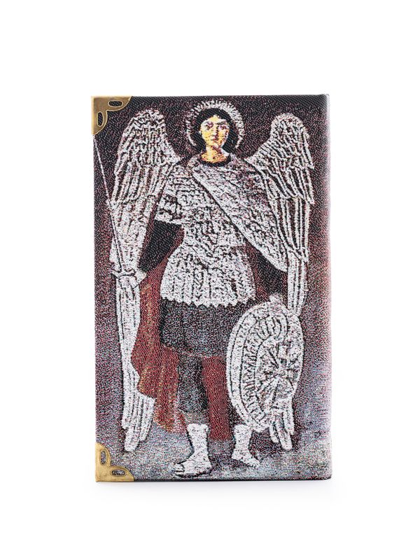 Ruled notebook with a fabric cover featuring an image of Saint Archangel Michael