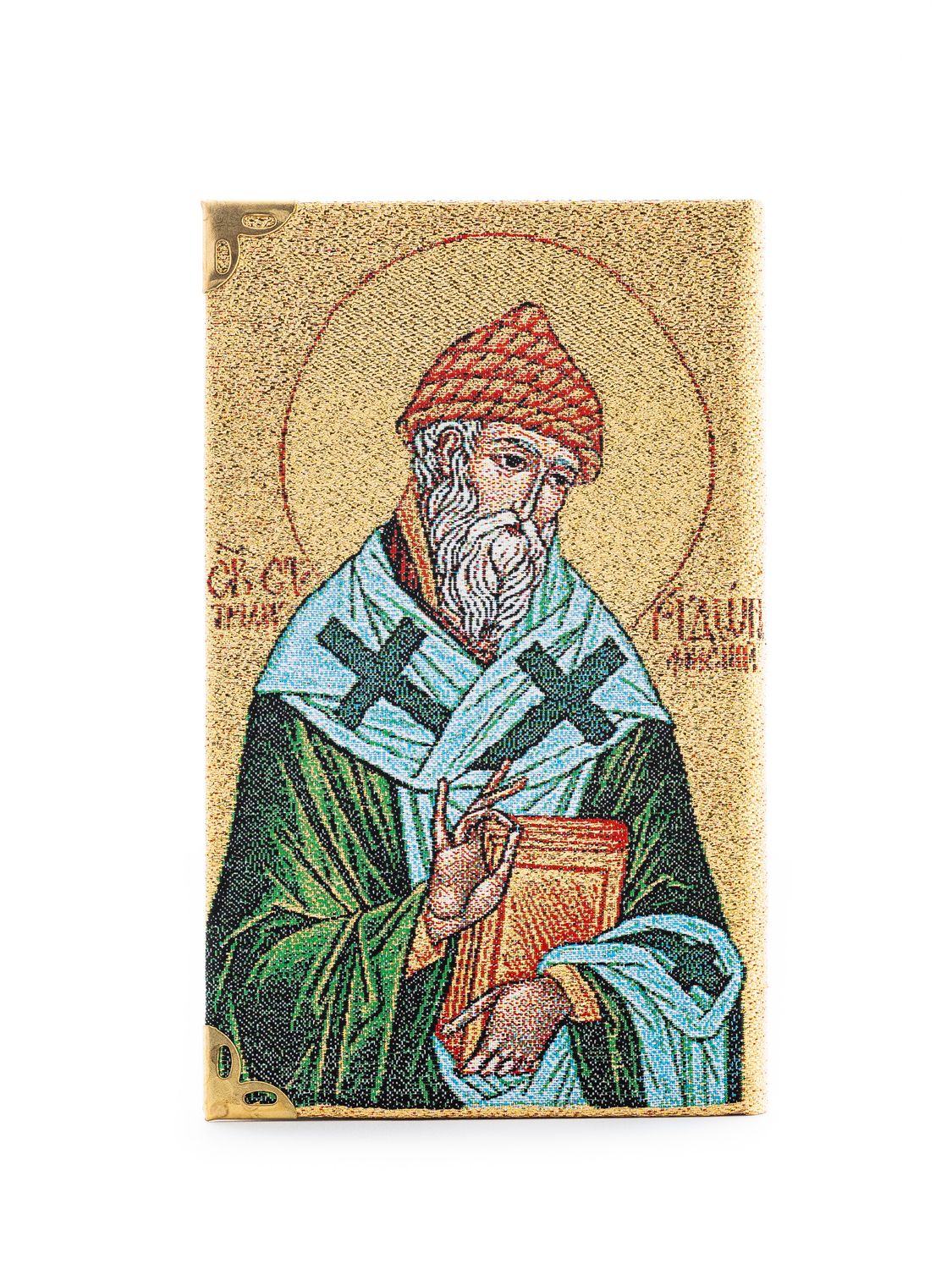 Ruled notebook with a fabric cover featuring an image of Saint Spyridon