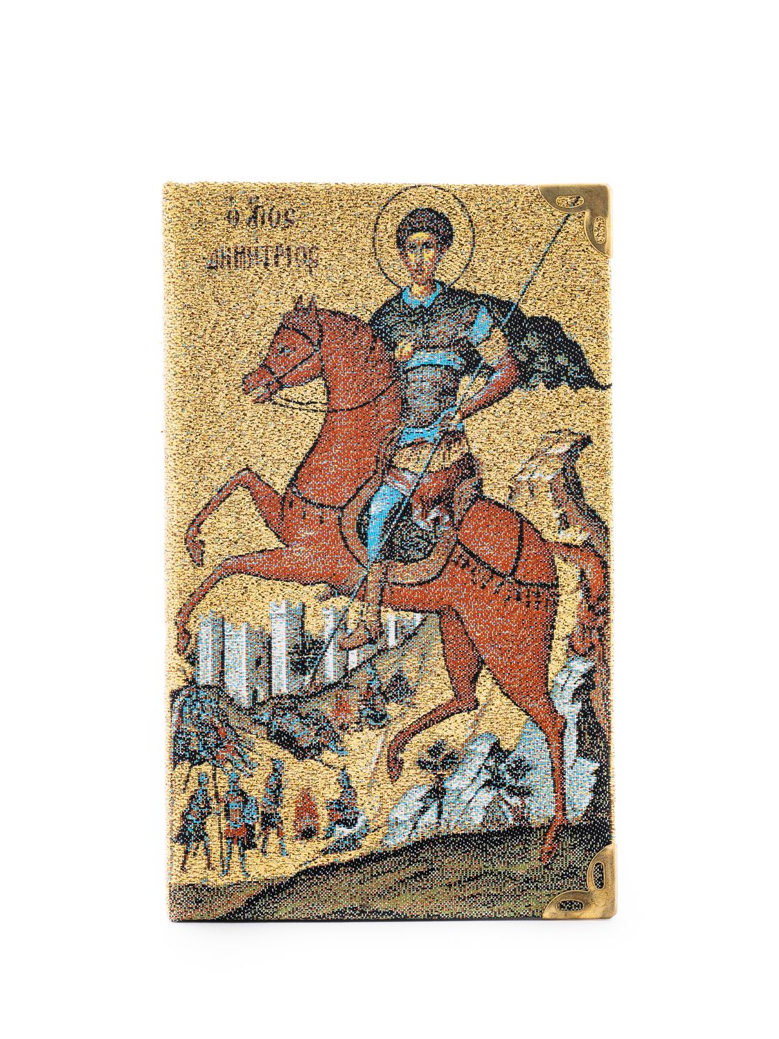 Ruled notebook with a fabric cover featuring an image of Saint Demetrius