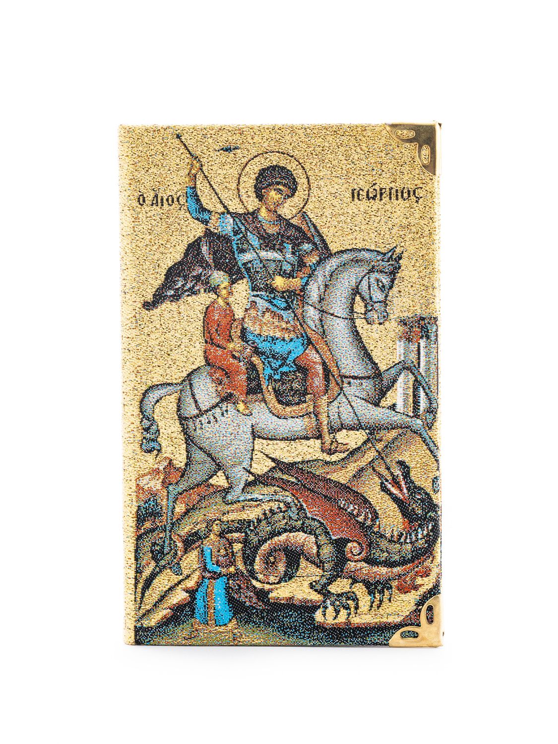 Ruled notebook with a fabric cover featuring an image of Saint George