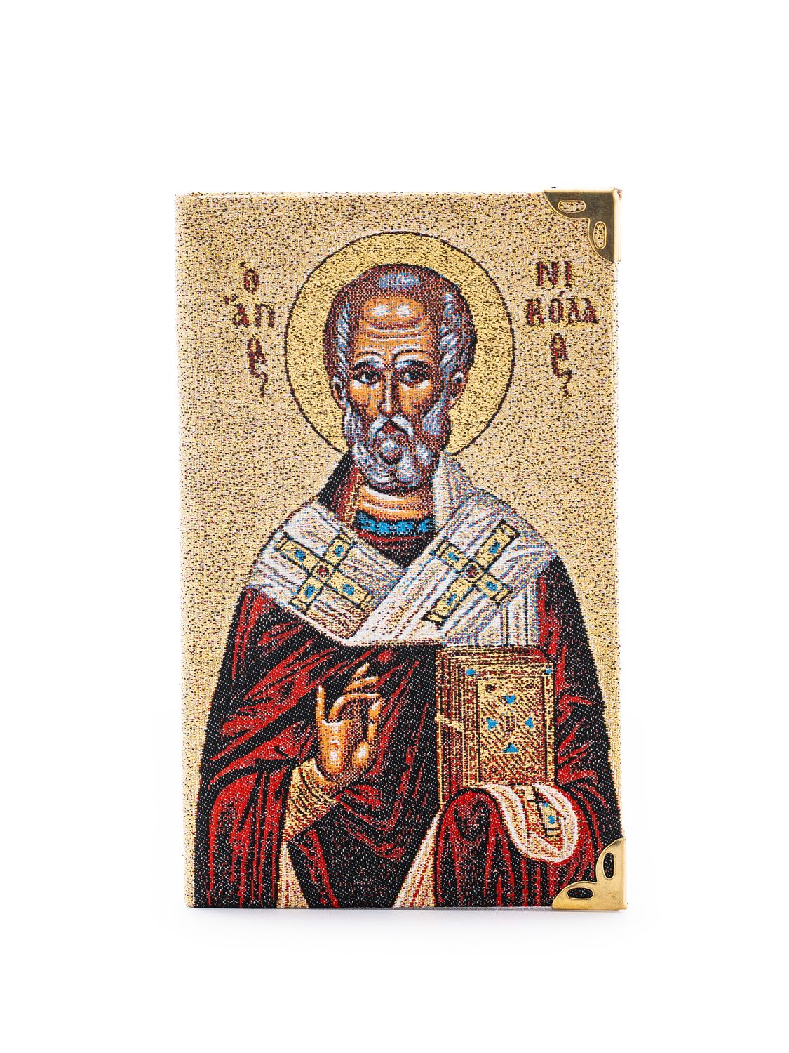 Ruled notebook with a fabric cover featuring an image of Saint Nicholas