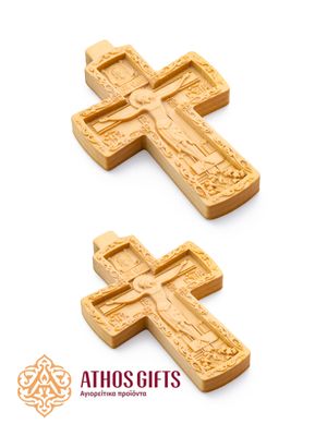 Hand-carved wooden cross with the image of the Crucifixion of our Lord Jesus Christ.