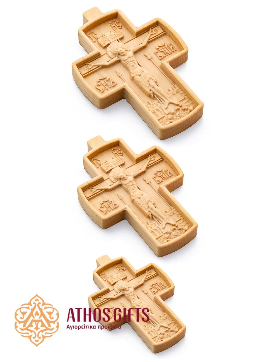 Hand-carved wooden cross with the image of the Crucifixion of our Lord Jesus Christ.