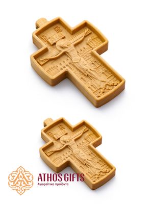 Hand-carved wooden cross with the image of the Crucifixion of our Lord Jesus Christ.