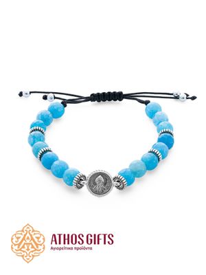 Light blue agate bracelet with a silver icon of Saint Spyridon (Corfu)