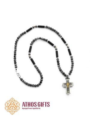 Necklace made of labradorite with a silver cross.