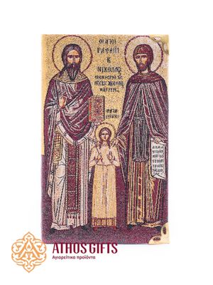 Ruled notebook with a fabric cover featuring an image of Saints Raphael, Nicholas and Irene