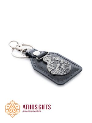 Faux leather keychain featuring the Mother of God holding the Infant Jesus.