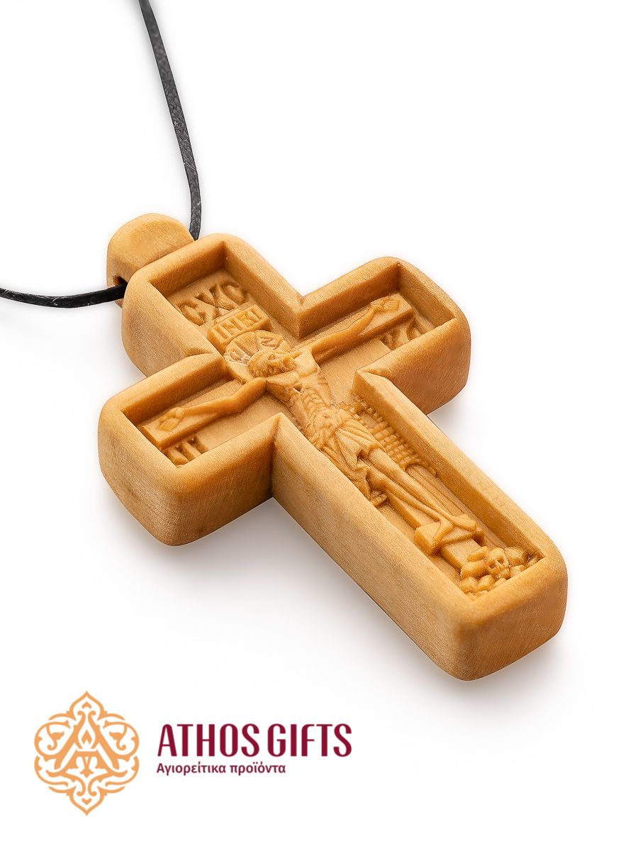 A wooden pectoral cross on a cord, handmade on Mount Athos.