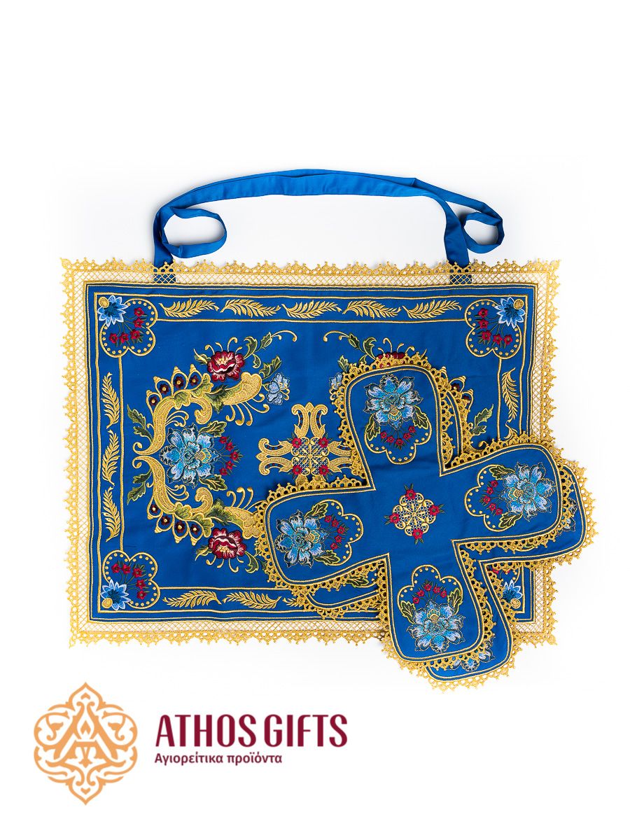 Liturgical set of blue coverings with floral ornament and fabric