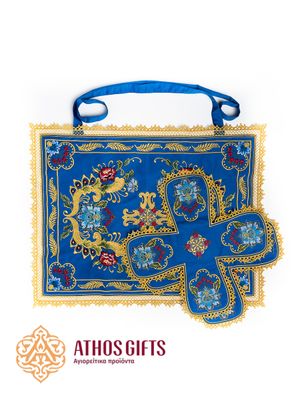Liturgical set of blue coverings with floral ornament and fabric