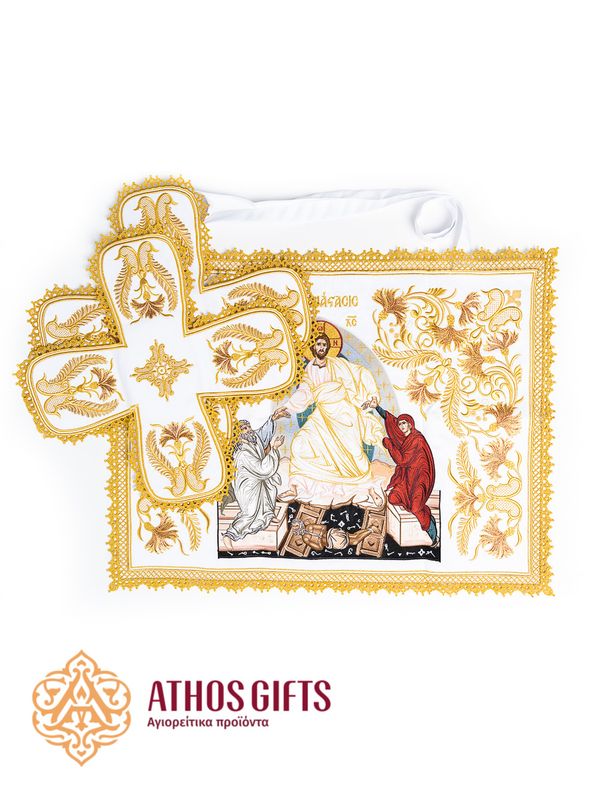 Liturgical set of veils with floral ornamentation and an aer depicting the scene of the Resurrection of Christ