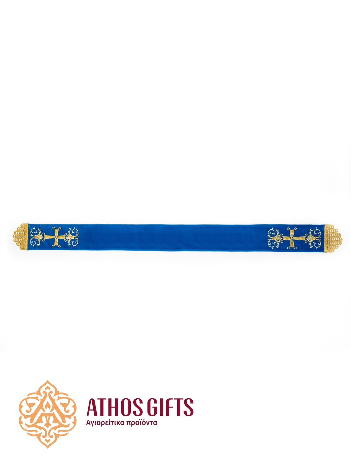Bookmark for a liturgical Gospel in blue color, with edges decorated with embroidered crosses.
