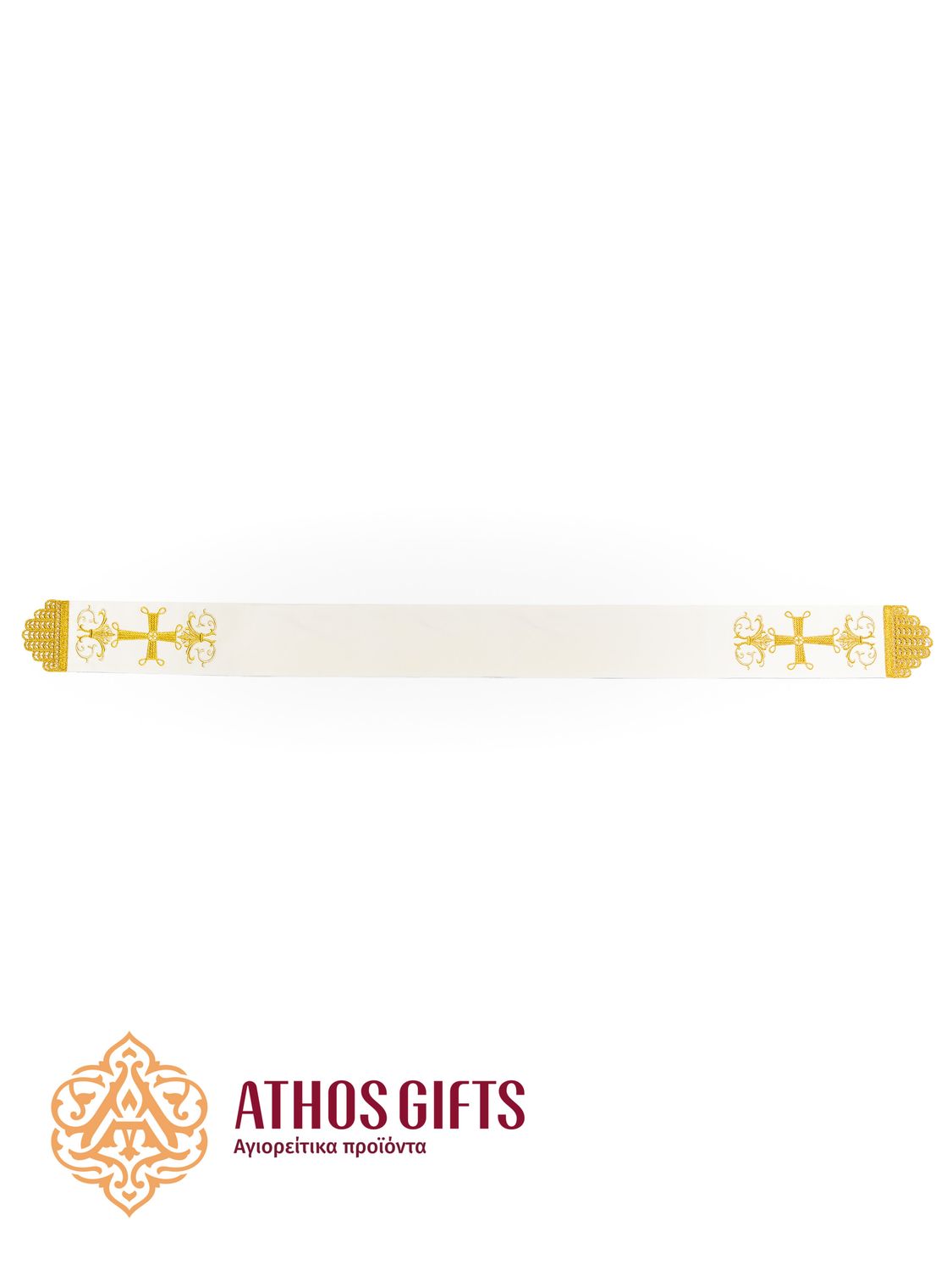 Bookmark for a liturgical Gospel in white color, with edges decorated with embroidered crosses.