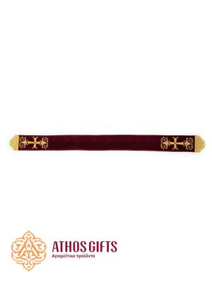 Bookmark for a liturgical Gospel in burgundy color, with edges decorated with embroidered crosses.