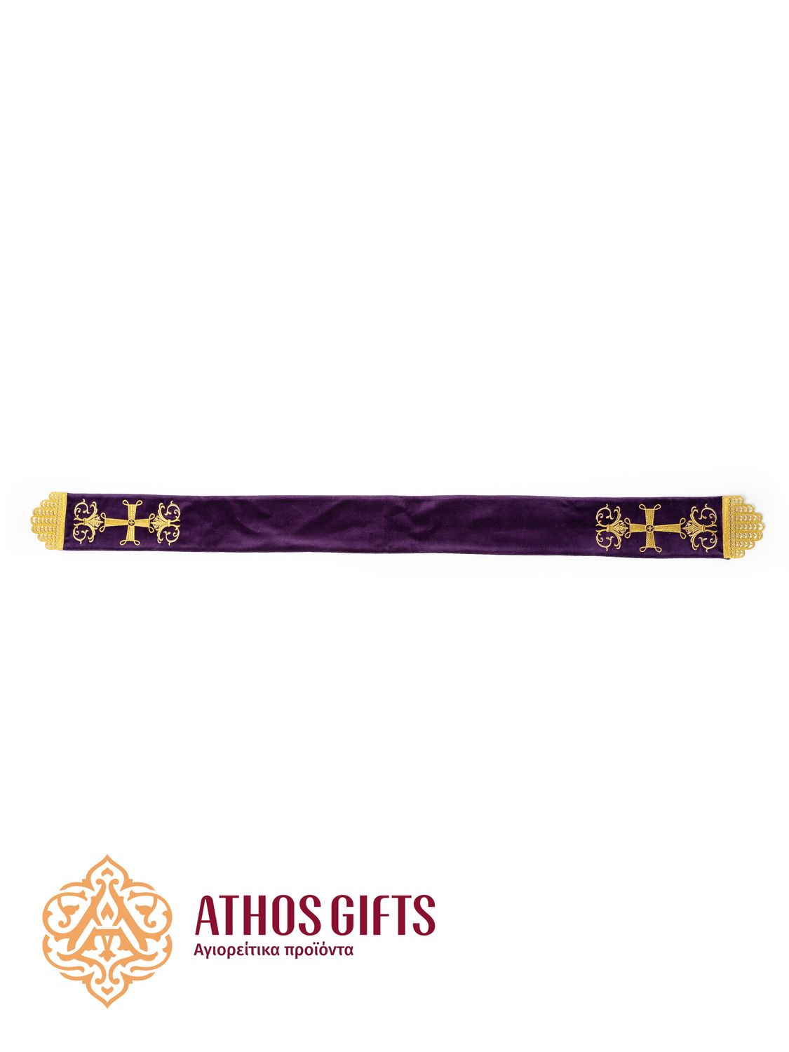Bookmark for a liturgical Gospel in purple color, with edges decorated with embroidered crosses.