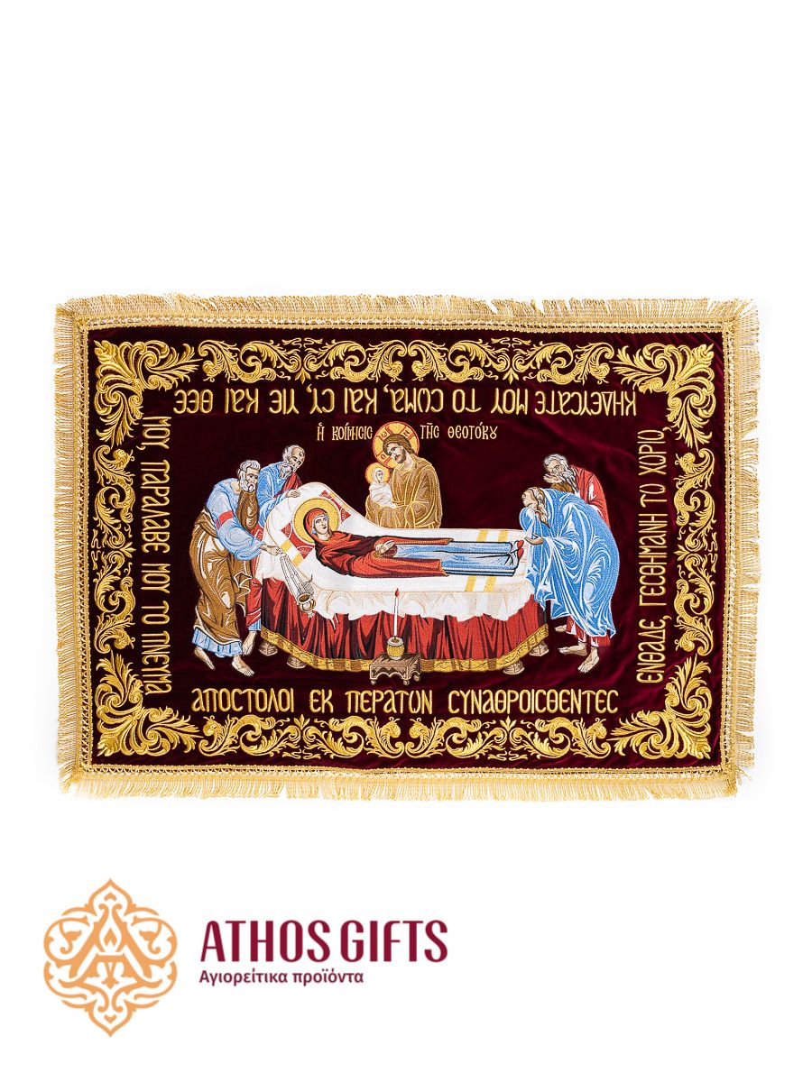 Epitaphios made of burgundy velvet with gold embroidery, adorned with a rich floral pattern.