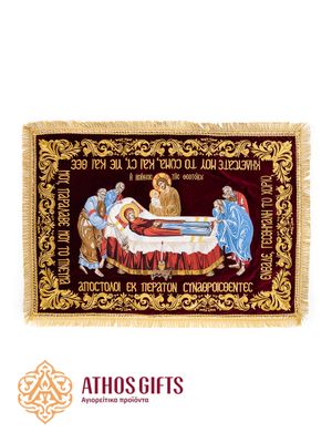 Epitaphios made of burgundy velvet with gold embroidery, adorned with a rich floral pattern.